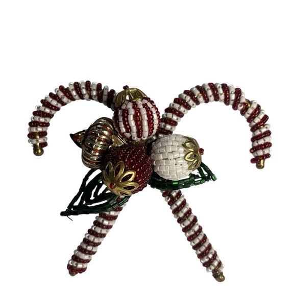 Vintage Pier 1 Beaded Christmas Crossed Candy Cane Ornament Napkin Rings 5pc Set - Picture 4 of 8